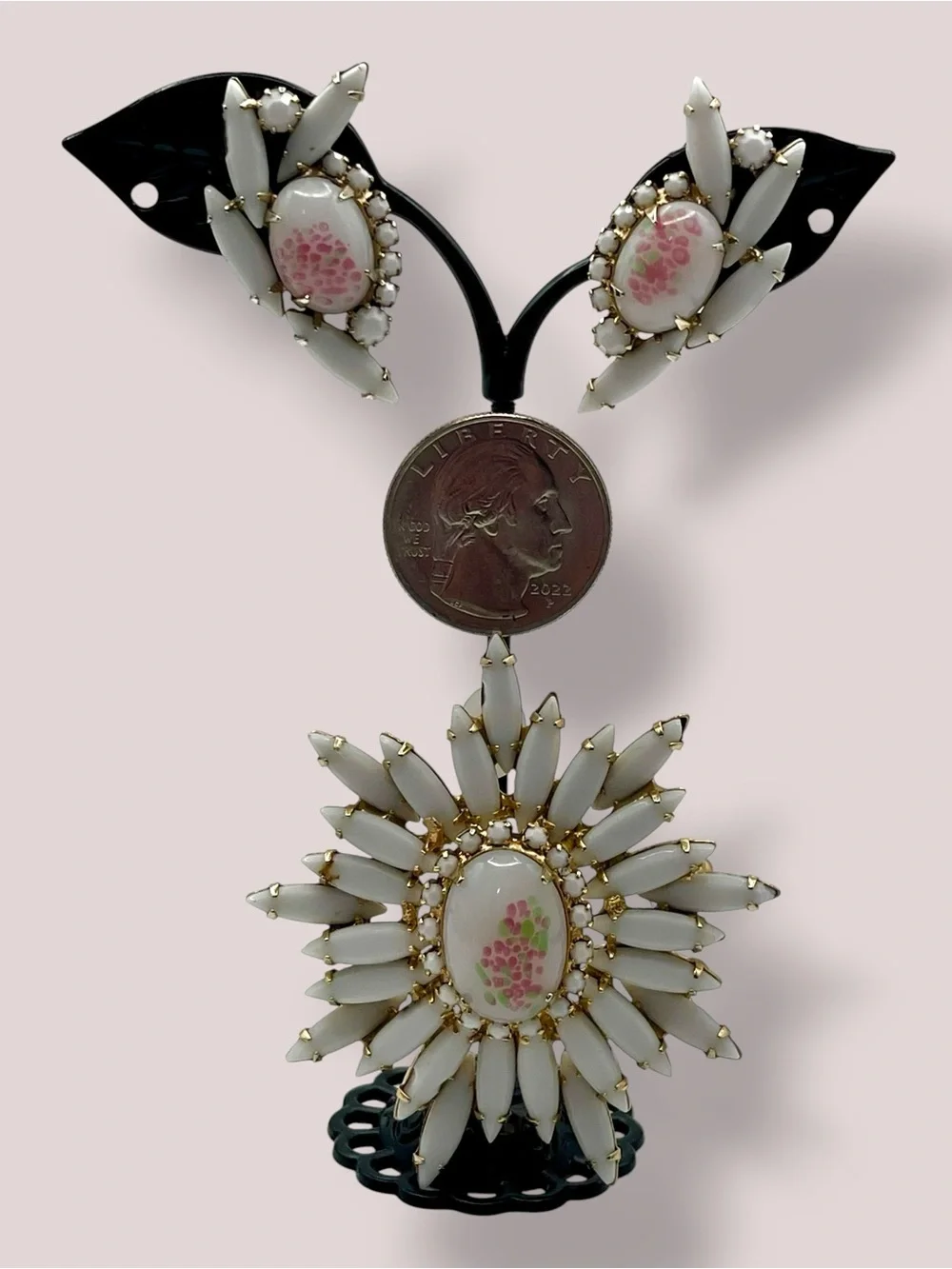 Vintage Judy Lee Milk Glass Sunburst Brooch & Clip Earrings Demi Parure Set